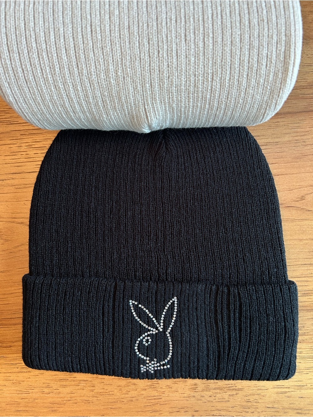 Playboy Rhinestone Bunny Beanie Hat Pack Of 2 Cream Beige/Black Ribbed Knit